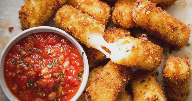Crispy homemade mozzarella sticks with marinara sauce and fresh basil on a wooden platter.