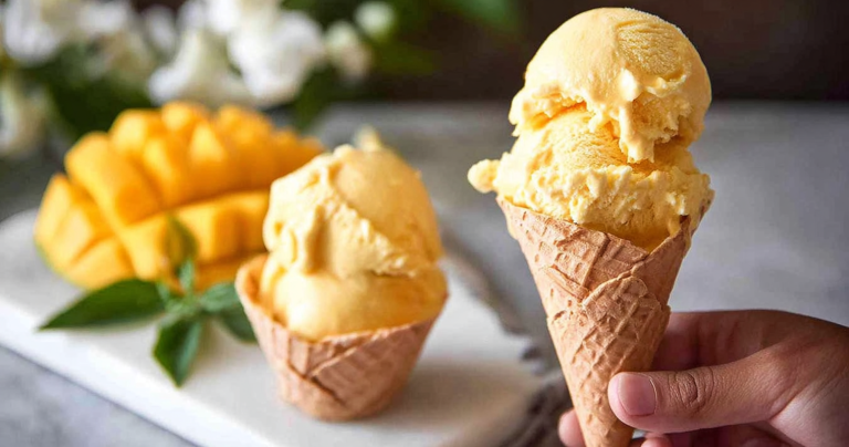 Homemade mango ice cream in a bowl garnished with mango slices and fresh mint leaves.
