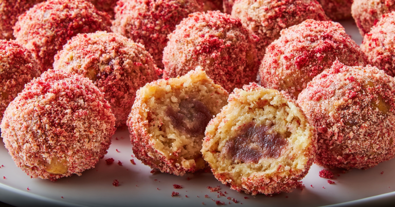 Close-up of strawberry crunch protein bites on a plate with fresh strawberries, highlighting their red and white layers.