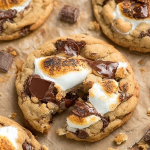 Delicious s'mores cookies with melted marshmallow and chocolate, garnished with graham cracker pieces.