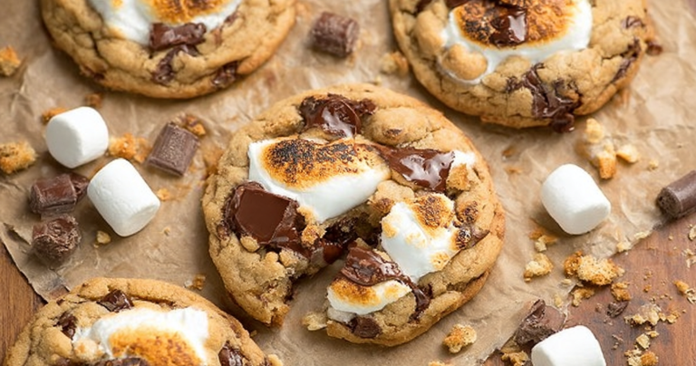 Delicious s'mores cookies with melted marshmallow and chocolate, garnished with graham cracker pieces.