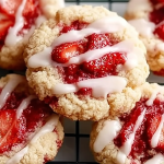 Plate of strawberry shortcake butter cookies garnished with fresh strawberries and mint leaves.