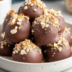 Close-up of hazelnut truffles with crushed hazelnuts on a wooden board