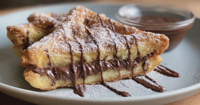 Close-up of golden Nutella toast pies with powdered sugar and fresh strawberries on a plate.