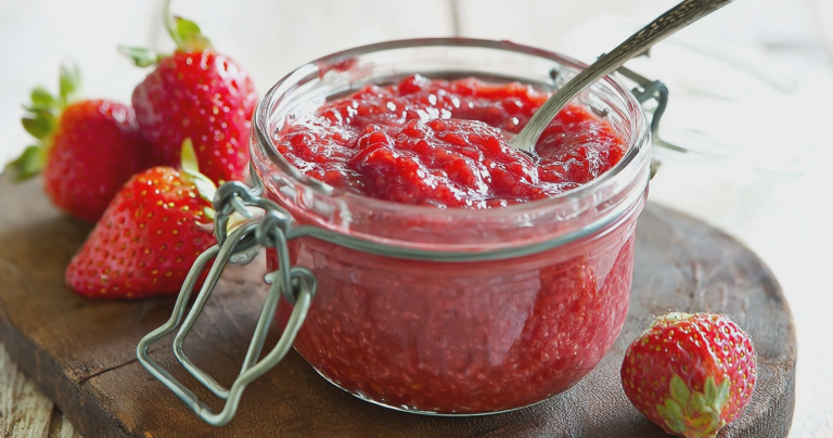 Homemade sugar free strawberry jam in a jar with fresh strawberries and toast on a table.