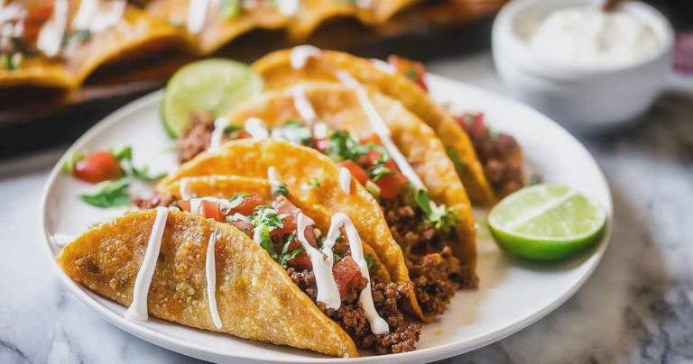 Close-up of crispy beef tacos filled with seasoned ground beef and melted cheddar cheese, garnished with salsa.