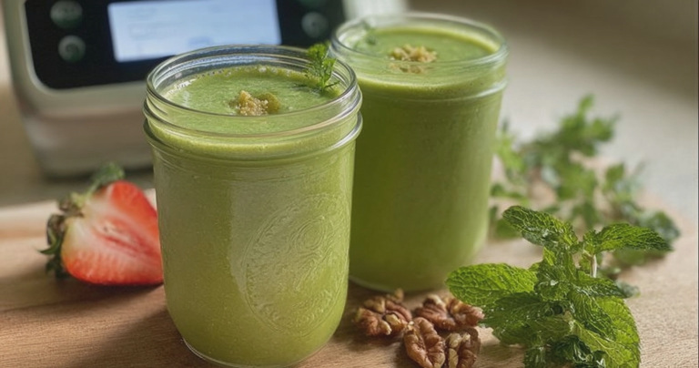 Flat belly smoothie in a glass with mint leaves and lime slice, surrounded by fresh ingredients.