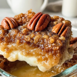 Close-up of pecan pie dump cake with vanilla ice cream and caramel sauce