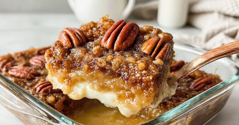Close-up of pecan pie dump cake with vanilla ice cream and caramel sauce