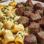Close-up of garlic butter steak bites garnished with parsley, served with creamy Alfredo rigatoni.