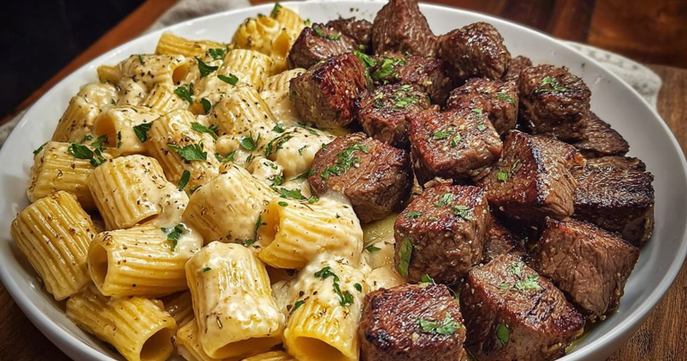 Close-up of garlic butter steak bites garnished with parsley, served with creamy Alfredo rigatoni.