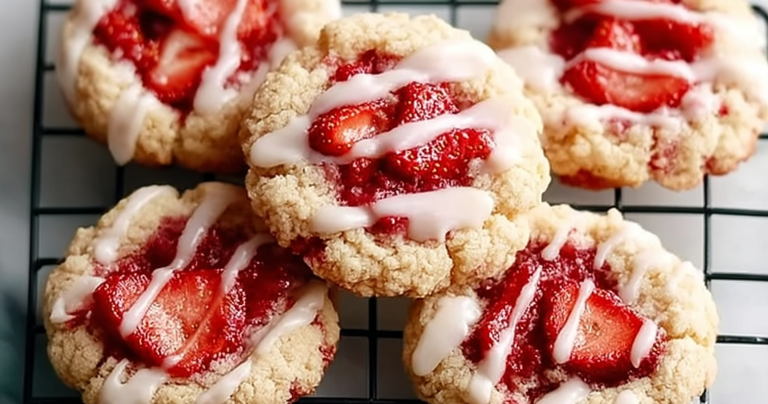 Plate of strawberry shortcake butter cookies garnished with fresh strawberries and mint leaves.