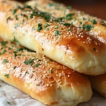 Homemade breadsticks brushed with garlic butter and garnished with parsley on a wooden board.