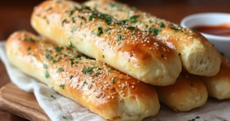 Homemade breadsticks brushed with garlic butter and garnished with parsley on a wooden board.