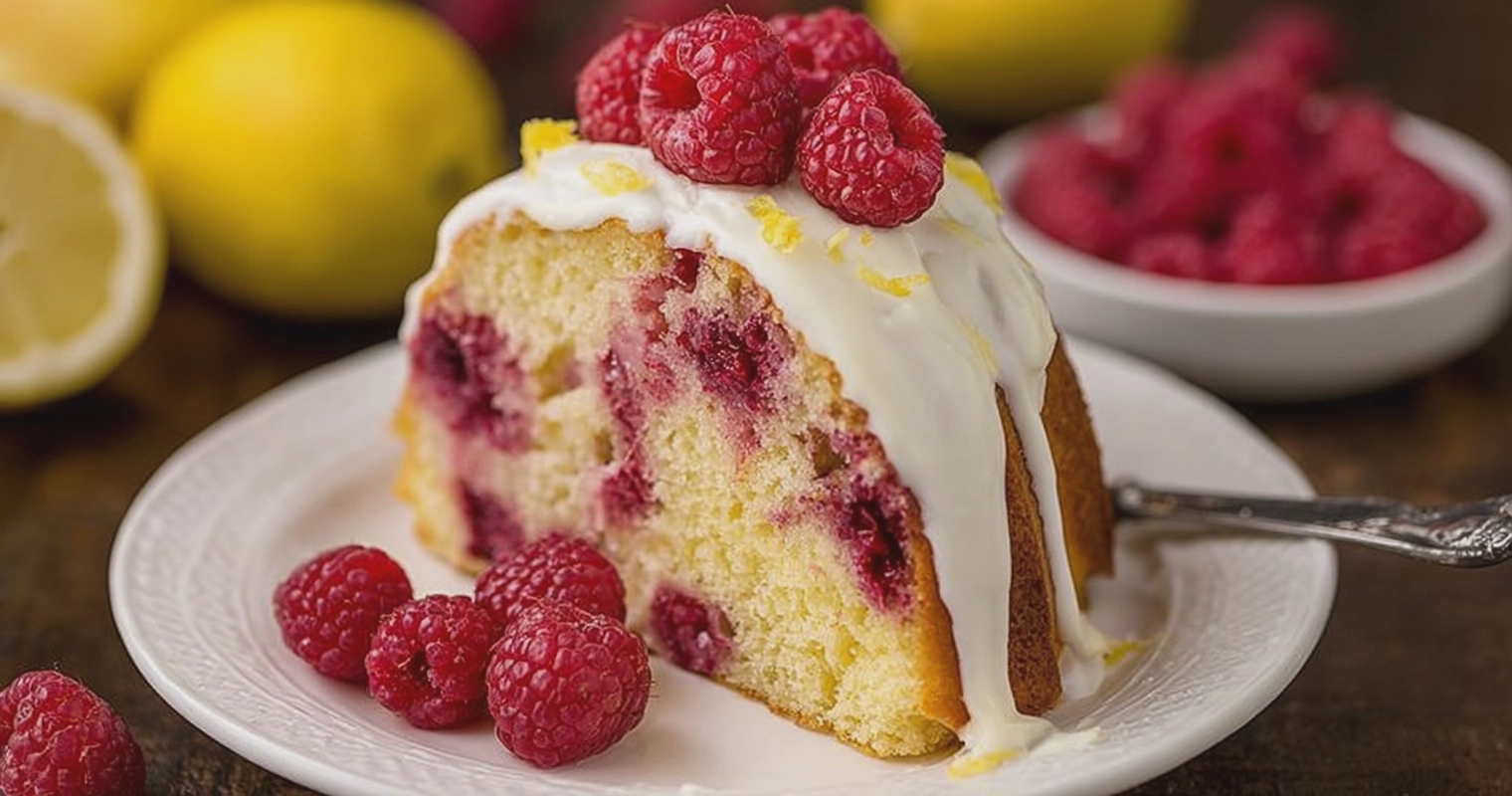 Lemon Raspberry Bundt Cake topped with raspberries and lemon slices on a wooden table.