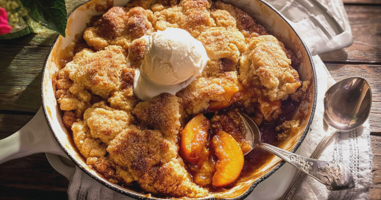 Freshly baked caramel peach dump cake with ice cream and mint leaves on a wooden table.
