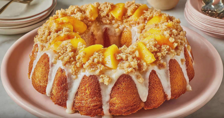 Slice of peach cobbler pound cake with peach preserves and crumble on a white plate, garnished with fresh peaches and mint leaves.