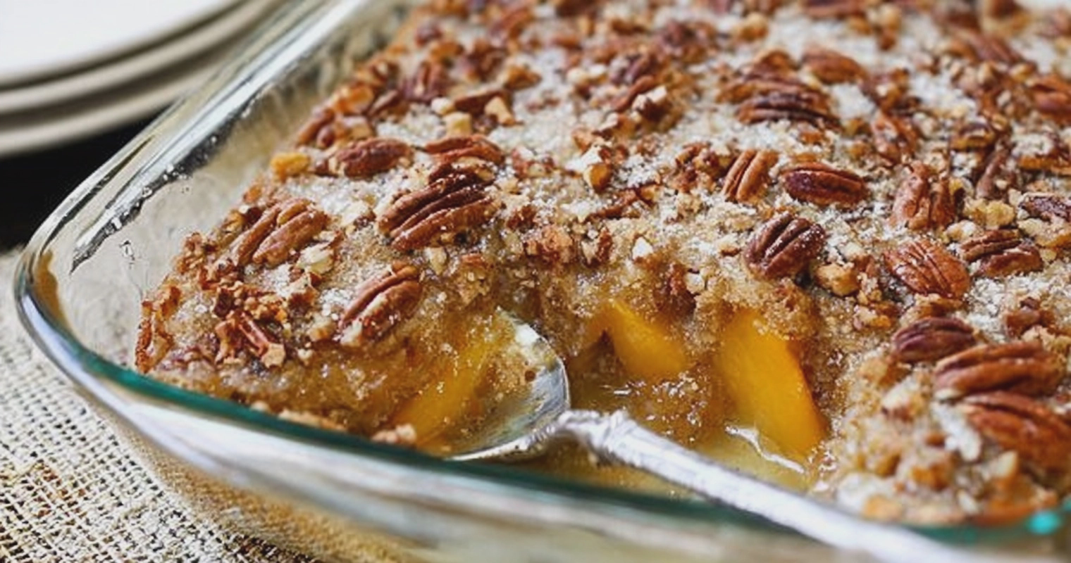 Warm peach dump cake topped with whipped cream and surrounded by fresh peaches.