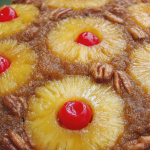 Pineapple upside-down cake garnished with caramelized pineapple and pecans on a rustic table.