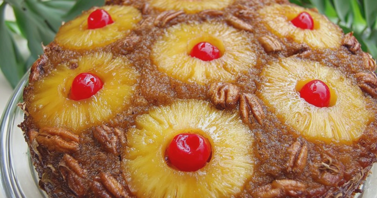 Pineapple upside-down cake garnished with caramelized pineapple and pecans on a rustic table.