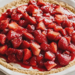 Slice of keto sugar free strawberry pie topped with whipped cream and fresh strawberries on a wooden table