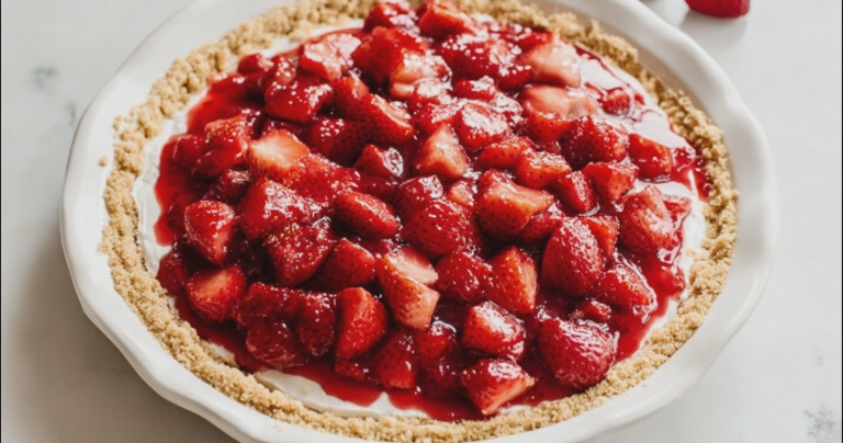Slice of keto sugar free strawberry pie topped with whipped cream and fresh strawberries on a wooden table